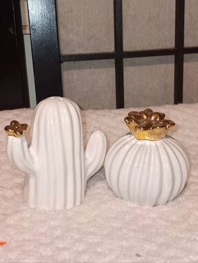 White Ceramic Cactus & Pumpkin Decorative Accents with Gold Trim